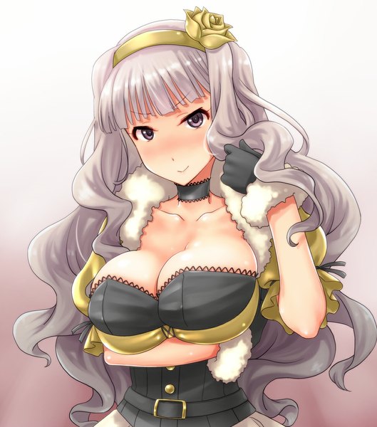 Anime picture 996x1130 with idolmaster shijou takane fuyube rion single long hair tall image looking at viewer blush breasts light erotic simple background smile cleavage white hair grey eyes adjusting hair beyond the nobles girl dress gloves