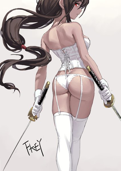 Anime picture 900x1273 with original fkey single long hair tall image looking at viewer fringe breasts light erotic black hair simple background hair between eyes red eyes standing holding signed payot ass profile looking back