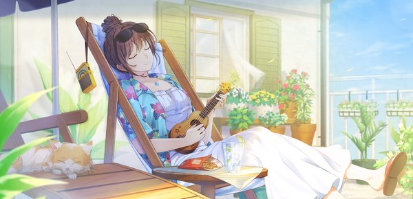 Anime picture 2068x1000 with original mono lith single fringe highres short hair brown hair wide image holding sky cloud (clouds) outdoors eyes closed hair bun (hair buns) reclining sunglasses on head playing instrument girl dress flower (flowers)