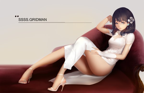 Anime picture 1754x1143 with gridman universe ssss.gridman studio trigger takarada rikka blackrabbitsoul single long hair looking at viewer fringe highres blue eyes light erotic black hair simple background full body bent knee (knees) ass traditional clothes bare legs high heels