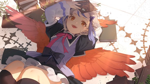 Anime picture 1152x648 with touhou tokiko (touhou) eho (icbm) single short hair open mouth wide image lying multicolored hair arm up grey hair two-tone hair on back orange eyes girl wings book (books)