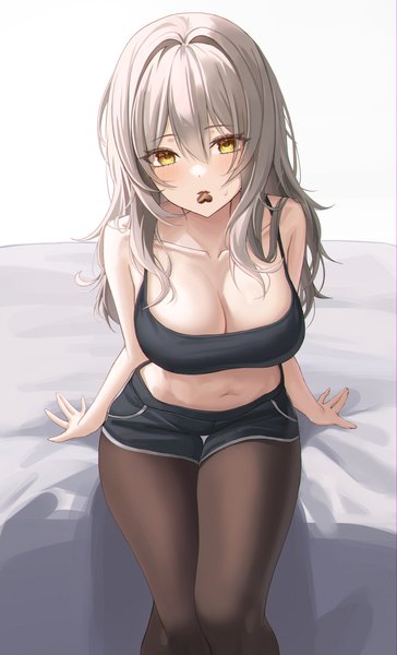 Anime picture 810x1337 with honkai: star rail honkai (series) trailblazer (honkai: star rail) stelle (honkai: star rail) melt (melt out1) single long hair tall image fringe breasts light erotic hair between eyes large breasts sitting yellow eyes cleavage from above grey hair midriff valentine