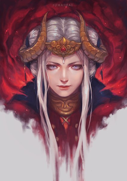 Anime picture 636x900 with fire emblem fire emblem: three houses nintendo edelgard von hresvelg juhaihai single tall image looking at viewer short hair purple eyes signed payot silver hair horn (horns) portrait girl forehead protector gorget