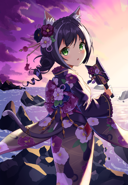 Anime picture 2751x4000 with princess connect! re:dive princess connect! karyl (princess connect!) monmo mu single long hair tall image looking at viewer highres open mouth black hair green eyes animal ears tail traditional clothes japanese clothes animal tail looking back multicolored hair cat ears