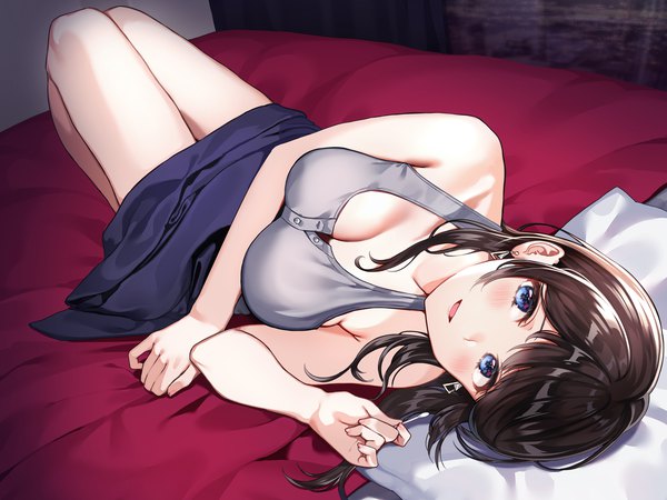 Anime picture 3200x2400 with original nishizawa single long hair looking at viewer blush fringe highres breasts open mouth blue eyes light erotic smile brown hair large breasts bare shoulders payot absurdres cleavage full body