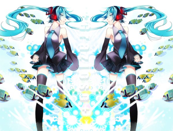 Anime picture 1300x985 with vocaloid hatsune miku lento (water) long hair twintails bare shoulders profile aqua eyes aqua hair dual persona girl skirt detached sleeves miniskirt necktie headphones fish (fishes)