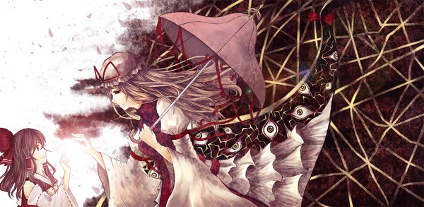 Anime picture 1500x734 with touhou hakurei reimu yakumo yukari cilo long hair black hair blonde hair red eyes wide image multiple girls eyes girl dress bow ribbon (ribbons) 2 girls hair bow detached sleeves umbrella bonnet