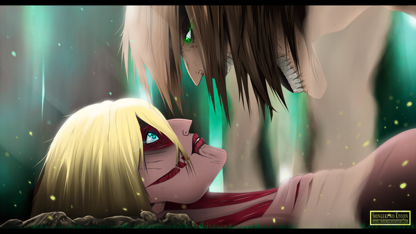 Anime picture 2688x1512 with shingeki no kyojin production i.g eren yaeger annie leonhart rogue titan female titan kortrex highres short hair open mouth blue eyes blonde hair brown hair wide image green eyes profile lips coloring glowing letterboxed