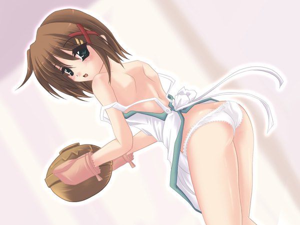 Anime picture 1600x1200 with mahou shoujo lyrical nanoha yagami hayate single looking at viewer short hair open mouth light erotic brown hair green eyes back nearly naked apron girl underwear panties ribbon (ribbons) hair ribbon apron x hair ornament