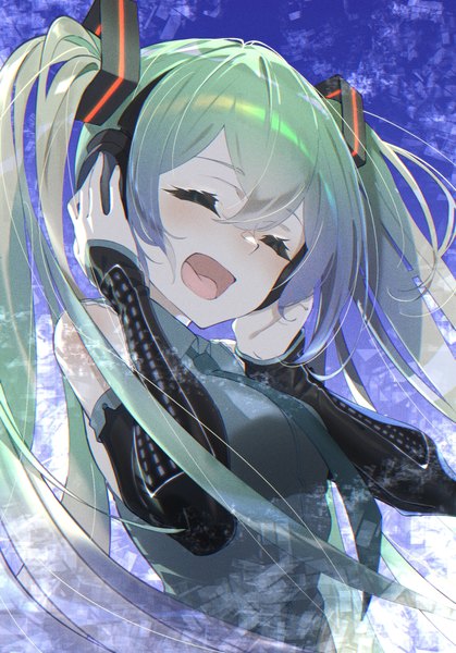 Anime picture 1668x2388 with vocaloid hatsune miku jitter k single long hair tall image fringe open mouth hair between eyes twintails upper body eyes closed green hair ^ ^ ^o^ hand on headphones girl detached sleeves headphones