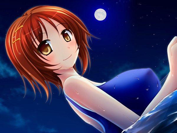 Anime picture 1024x768 with hara kano!! seno ayana fumizuki yukari short hair light erotic yellow eyes game cg orange hair night girl swimsuit moon