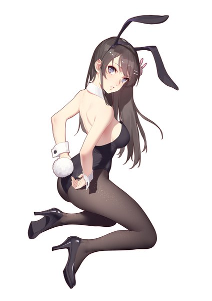 Anime picture 2171x3070 with seishun buta yarou cloverworks sakurajima mai daye bie qia lian single long hair tall image looking at viewer fringe highres breasts light erotic black hair simple background white background purple eyes bare shoulders animal ears full body ass