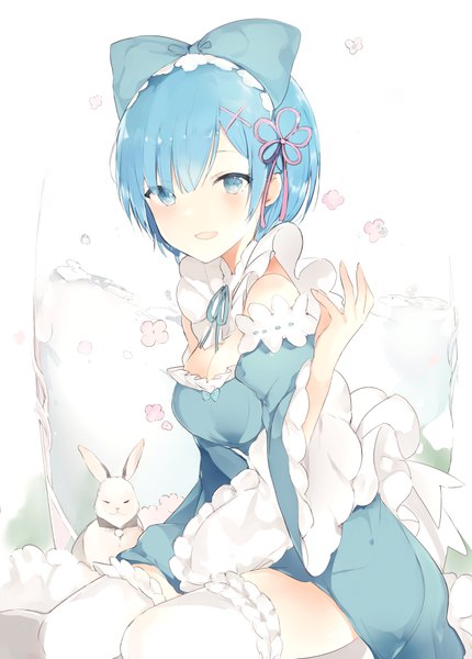 Anime picture 700x977 with re:zero kara hajimeru isekai seikatsu white fox rem (re:zero) lpip single tall image looking at viewer blush fringe short hair open mouth blue eyes simple background smile white background blue hair arm up hair over one eye wide sleeves maid