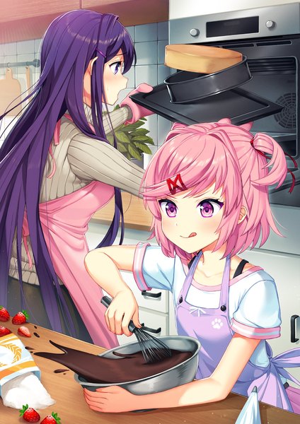 Anime picture 1280x1811 with doki doki literature club yuri (doki doki literature club) natsuki (doki doki literature club) satchely long hair tall image blush fringe short hair open mouth smile standing purple eyes multiple girls holding looking away pink hair purple hair upper body indoors