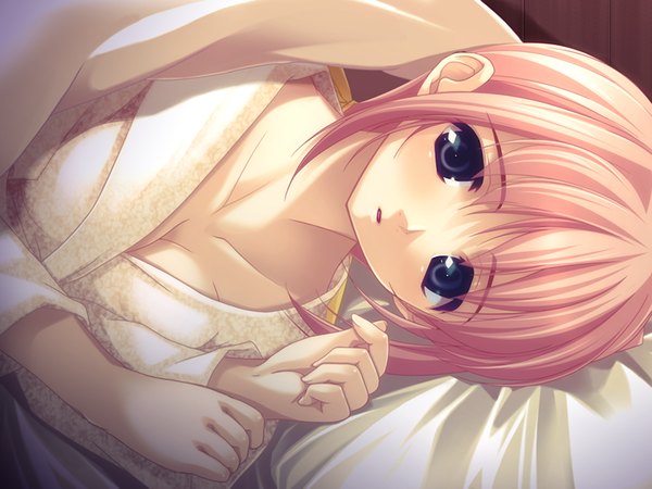 Anime picture 1200x900 with aneimo pink hair game cg cleavage black eyes girl