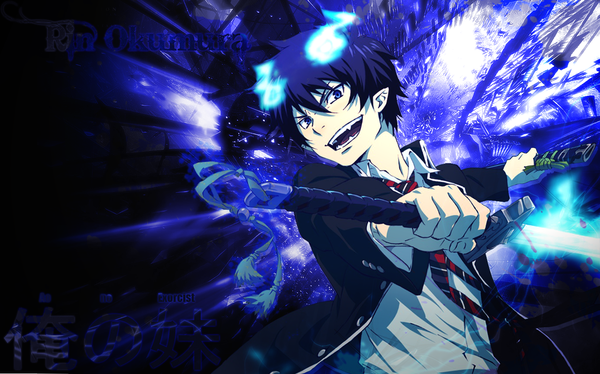 Anime picture 1279x799 with ao no exorcist a-1 pictures okumura rin single looking at viewer short hair open mouth blue eyes black hair smile wide image pointy ears inscription glowing boy weapon sword katana suit