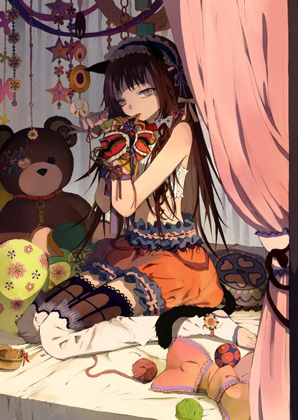 Anime picture 824x1160 with original tsukioka tsukiho single long hair tall image looking at viewer brown hair sitting animal ears tail animal tail cat ears cat girl cat tail grey eyes girl thighhighs bow pillow curtains