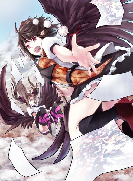 Anime picture 1200x1635 with touhou shameimaru aya himekaidou hatate mitsu long hair tall image short hair open mouth red eyes brown hair twintails multiple girls brown eyes sky cloud (clouds) pointy ears teeth fang (fangs) flying black wings