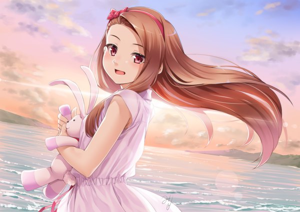 Anime picture 1169x827 with idolmaster idolmaster (classic) minase iori miri (ago550421) single long hair looking at viewer blush fringe open mouth red eyes brown hair standing holding signed sky cloud (clouds) outdoors :d wind