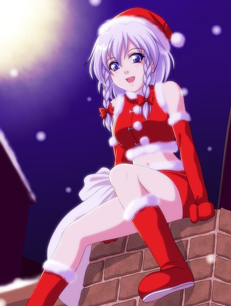 Anime picture 1024x1356 with touhou izayoi sakuya genjuu rou tall image looking at viewer blush fringe short hair open mouth blue eyes hair between eyes silver hair braid (braids) night midriff alternate costume fur trim twin braids snowing christmas