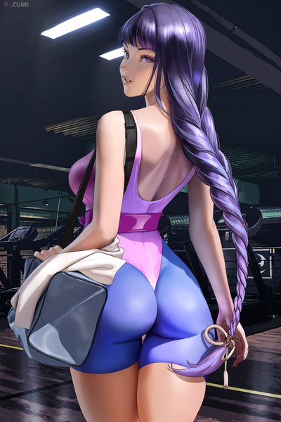 Anime picture 2339x3508 with genshin impact raiden shogun zumi (zumidraws) single long hair tall image looking at viewer fringe highres breasts light erotic large breasts standing purple eyes signed purple hair ass indoors blunt bangs braid (braids)