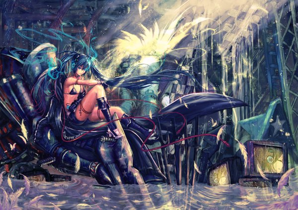 Anime picture 2970x2100 with black rock shooter black rock shooter (character) edenfox single long hair highres blue eyes light erotic black hair twintails legs glowing scar glowing eye (eyes) girl sword water katana feather (feathers) bikini top