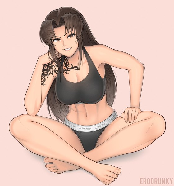 Anime picture 1682x1803 with black lagoon madhouse calvin klein revy (black lagoon) erodrunky single long hair tall image looking at viewer breasts light erotic simple background smile brown hair large breasts sitting brown eyes signed cleavage full body