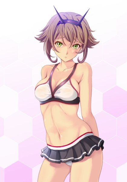 Anime picture 700x1000 with kantai collection mutsu battleship shian (my lonly life.) single tall image looking at viewer short hair light erotic simple background brown hair standing white background bare shoulders green eyes bare belly hands behind back girl navel hair ornament swimsuit