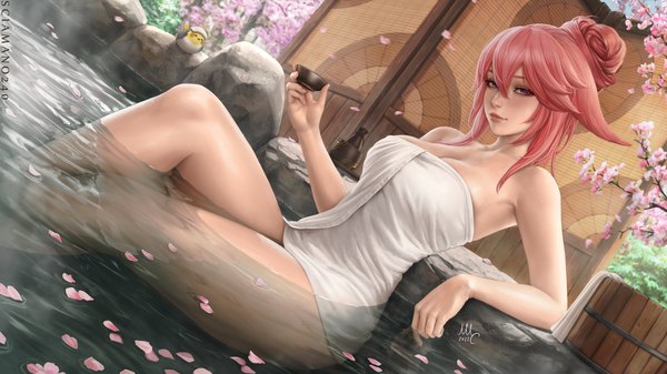Anime picture 3000x1687 with genshin impact yae miko sciamano240 single long hair looking at viewer fringe highres breasts light erotic hair between eyes wide image large breasts sitting purple eyes holding signed animal ears payot pink hair