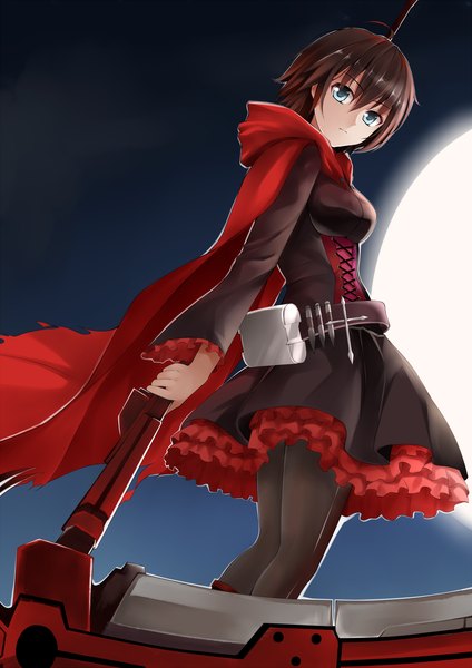 Anime picture 1807x2555 with rwby rooster teeth ruby rose qiuzhi huiyi single tall image looking at viewer highres short hair blue eyes brown hair girl dress weapon moon cape scythe