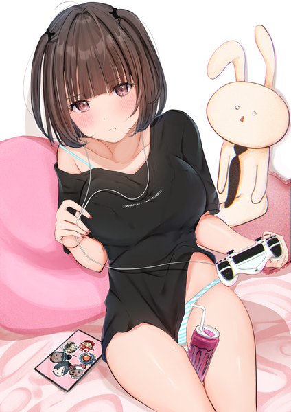 Anime-Bild 2828x4000 mit original uiri-na single tall image looking at viewer blush fringe highres short hair light erotic brown hair holding brown eyes indoors blunt bangs off shoulder two side up thigh gap clothes writing between thighs