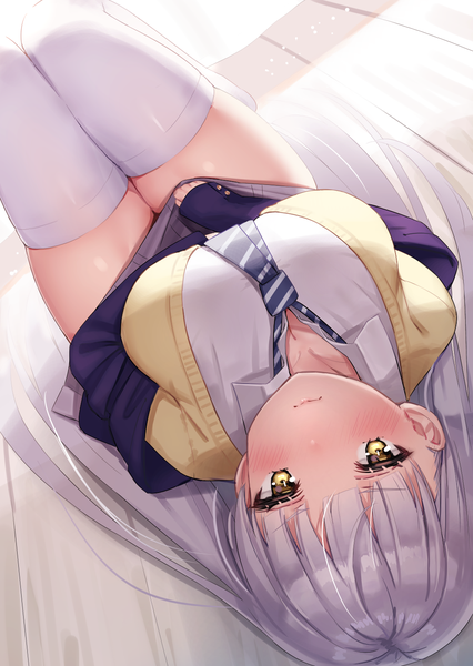 Anime picture 1066x1500 with original reinama single long hair tall image looking at viewer blush fringe breasts light erotic large breasts yellow eyes silver hair indoors lying blunt bangs from above off shoulder on back open collar