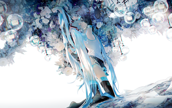 イラスト 2100x1313 と ボーカロイド 初音ミク nura orimoto ソロ カメラ目線 highres 青い目 笑顔 ツインテール アホ毛 very long hair nail polish pleated skirt fingernails aqua hair wide sleeves arms up 絶対領域 kneeling arched back