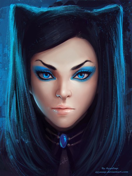 Anime-Bild 1536x2048 mit ergo proxy re-l mayer ayyasap single long hair tall image looking at viewer blue eyes black hair signed lips realistic portrait face eyeshadow makeup girl