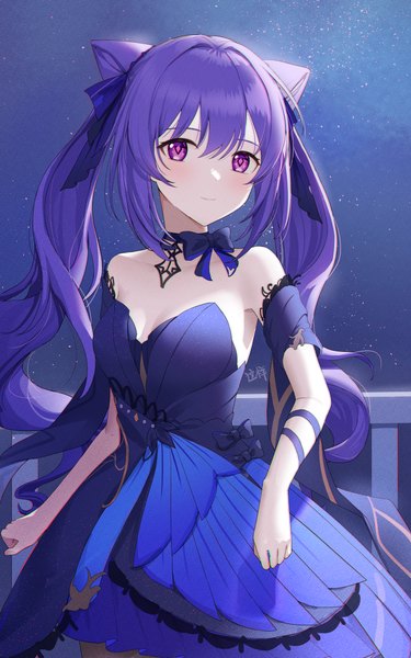 Anime picture 2500x4000 with genshin impact keqing (genshin impact) keqing (opulent splendor) (genshin impact) zx961219 single long hair tall image fringe highres hair between eyes purple eyes twintails purple hair hair bun (hair buns) official alternate costume girl dress