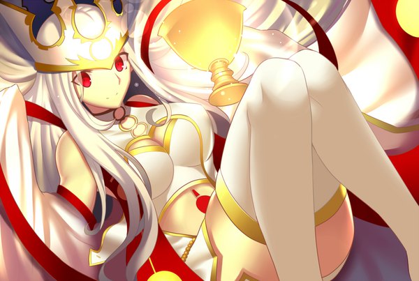 Anime picture 1980x1332 with fate (series) fate/grand order irisviel von einzbern irisviel von einzbern (caster) paperfinger single long hair highres breasts light erotic red eyes large breasts white hair light smile dress of heaven girl thighhighs detached sleeves white thighhighs crown