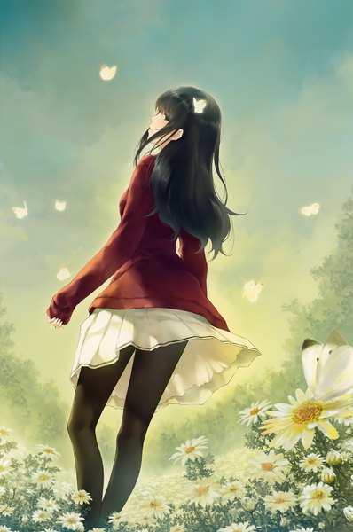 Anime picture 2652x4000 with kara no shoujo innocent grey kuchiki toko sugina miki single long hair tall image blush highres black hair looking away sky outdoors pleated skirt looking back black eyes from behind scan official art sleeves past wrists