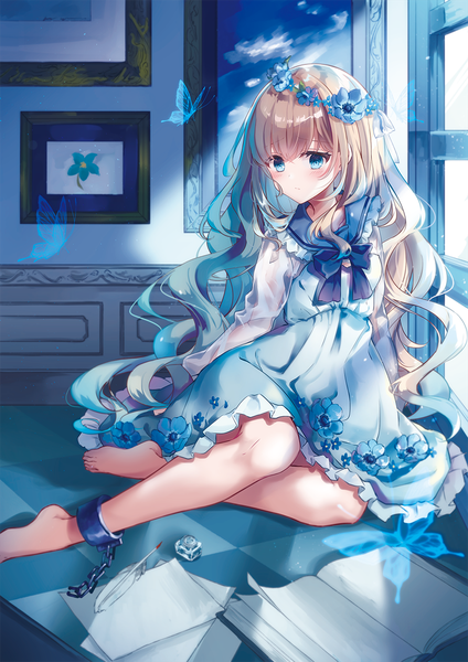 Anime picture 894x1264 with original kisaragi yuri single long hair tall image looking at viewer blush fringe blue eyes blonde hair hair between eyes sitting payot blue hair full body multicolored hair barefoot hair flower wavy hair checkered floor