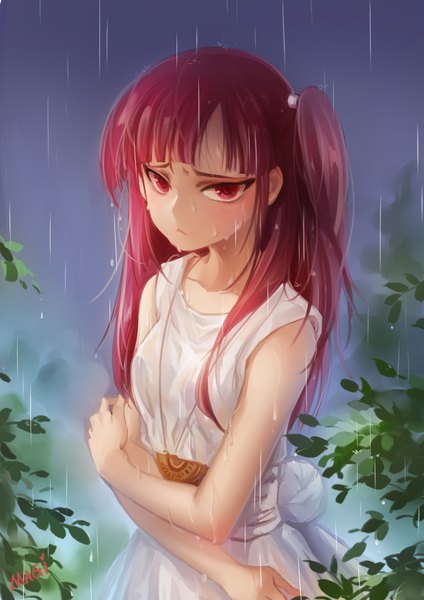 Anime picture 1240x1754 with magi the labyrinth of magic a-1 pictures morgiana huazha01 single long hair tall image looking at viewer red eyes bare shoulders red hair one side up rain girl dress leaf (leaves)