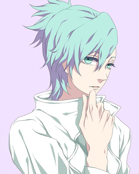 Anime picture 640x800 with uta no prince-sama a-1 pictures mikaze ai nayuta (hanayushi) single tall image looking at viewer fringe short hair simple background parted lips aqua eyes aqua hair portrait purple background boy