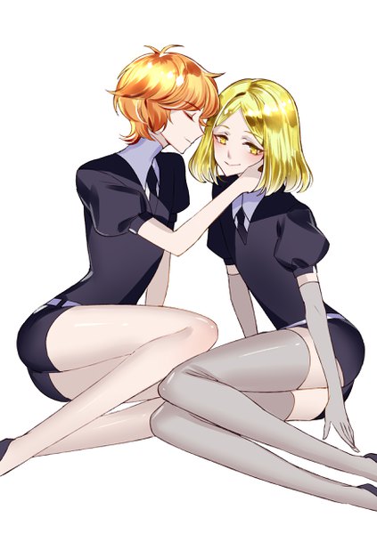 Anime picture 1748x2480 with houseki no kuni yellow diamond (houseki no kuni) zircon (houseki no kuni) melon z tall image highres short hair simple background blonde hair smile white background sitting yellow eyes eyes closed profile orange hair puffy sleeves androgynous hand on another's face thighhighs