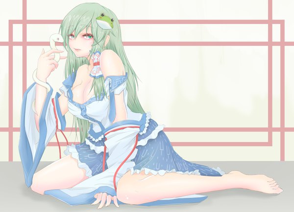 Anime picture 3632x2626 with touhou kochiya sanae cube85 single long hair looking at viewer highres breasts open mouth light erotic large breasts sitting green eyes absurdres full body barefoot green hair off shoulder eyeshadow yokozuwari