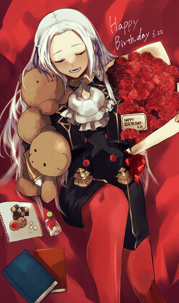 Anime picture 1195x2027 with fire emblem fire emblem: three houses nintendo edelgard von hresvelg nikuya dq single long hair tall image open mouth smile sitting holding payot white hair eyes closed from above dated happy birthday double buttons checkerboard cookie