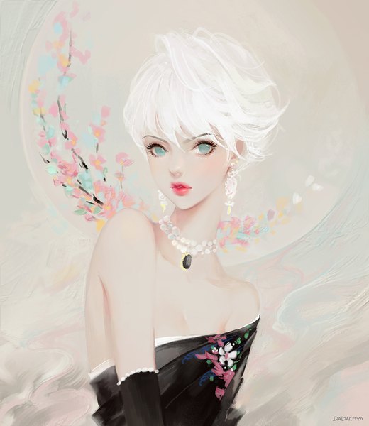 Anime picture 1000x1152 with original dadachyo single tall image looking at viewer fringe short hair hair between eyes signed upper body white hair parted lips aqua eyes lips lipstick pink lipstick girl dress gloves earrings