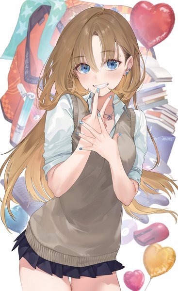 Anime picture 1000x1637 with original yanyo (ogino atsuki) single tall image looking at viewer fringe blue eyes simple background blonde hair smile hair between eyes standing white background nail polish grin victory open collar blue nail polish nail art sleeves pushed up