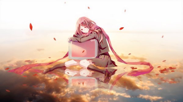 Anime picture 2000x1124 with kagerou project shaft (studio) tateyama ayano pudding (8008208820) single long hair highres red eyes brown hair wide image sitting sky cloud (clouds) girl uniform school uniform petals socks scarf black socks