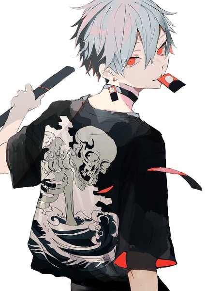 Anime picture 1435x2029 with original sakusya2honda single tall image fringe short hair simple background hair between eyes red eyes white background holding silver hair upper body looking back multicolored hair two-tone hair mouth hold skeleton skull print boy