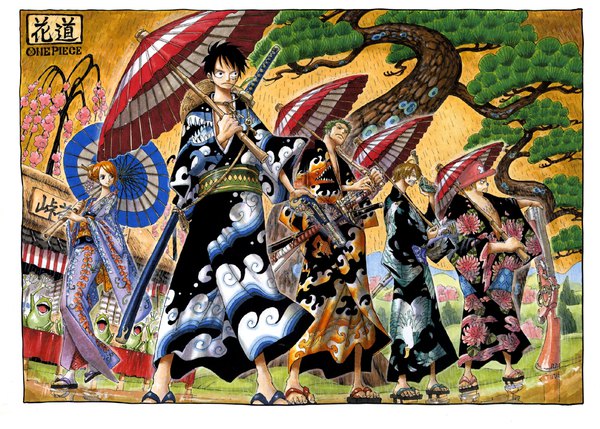 Anime picture 1959x1402 with one piece toei animation nami (one piece) monkey d. luffy roronoa zoro sanji tony tony chopper oda eiichirou highres short hair black hair blonde hair standing holding looking away full body outdoors traditional clothes japanese clothes green hair