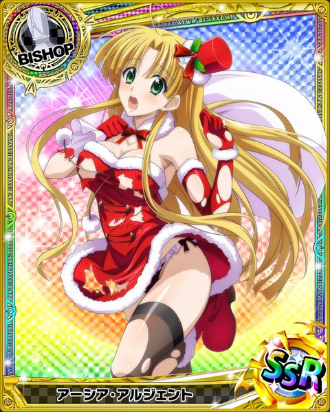 Anime picture 640x800 with highschool dxd asia argento single long hair tall image looking at viewer blush open mouth light erotic blonde hair green eyes pantyshot fur trim torn clothes card (medium) girl thighhighs dress gloves underwear