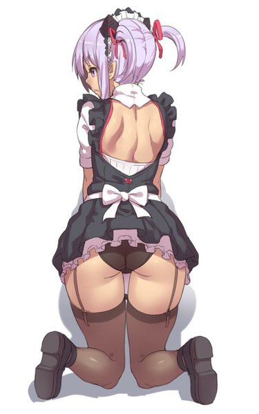 Anime picture 600x959 with original houtengeki single tall image light erotic white background purple eyes purple hair ass from behind shadow maid kneeling frilly skirt jpeg artifacts girl thighhighs uniform underwear panties
